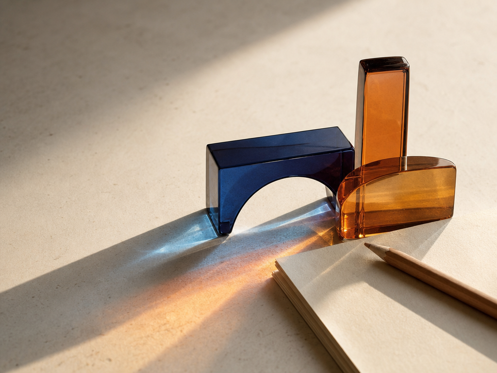 Sfeerbeeld met blauwe en amberkleurige glazen vormen
