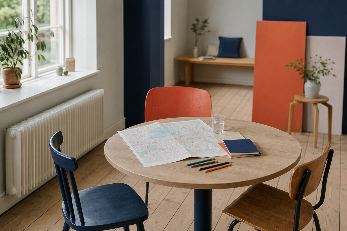 Sfeerbeeld van een tafel met een kaart, potloden en verschillende stoelen